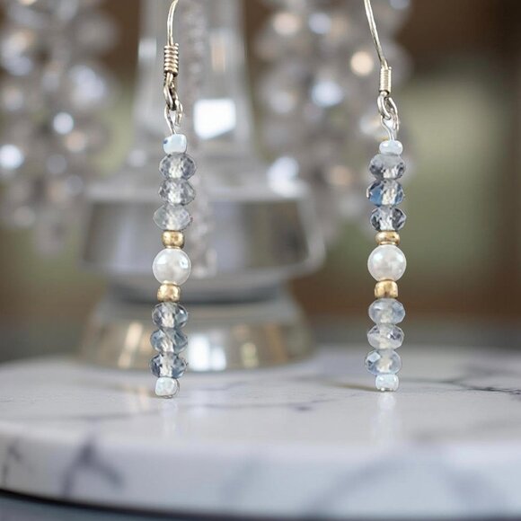 Dainty Labradorite & Pearl Earrings • Sterling Silver • Gold-Tone Accents - Picture 4 of 12